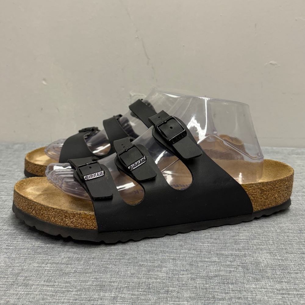 Birkenstock Florida Sandals Unisex 41 L10 M8 Black Soft Footbed 3-Strap Slide